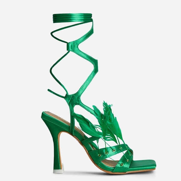 Green calf high strappy tie lace up feather square toe satin heel sandals - Picture 1 of 5